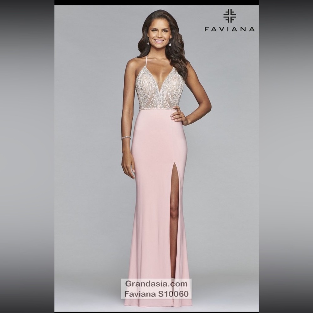 Faviana S10060 Pink long dress with sequin bodice, slit, and lace up back
